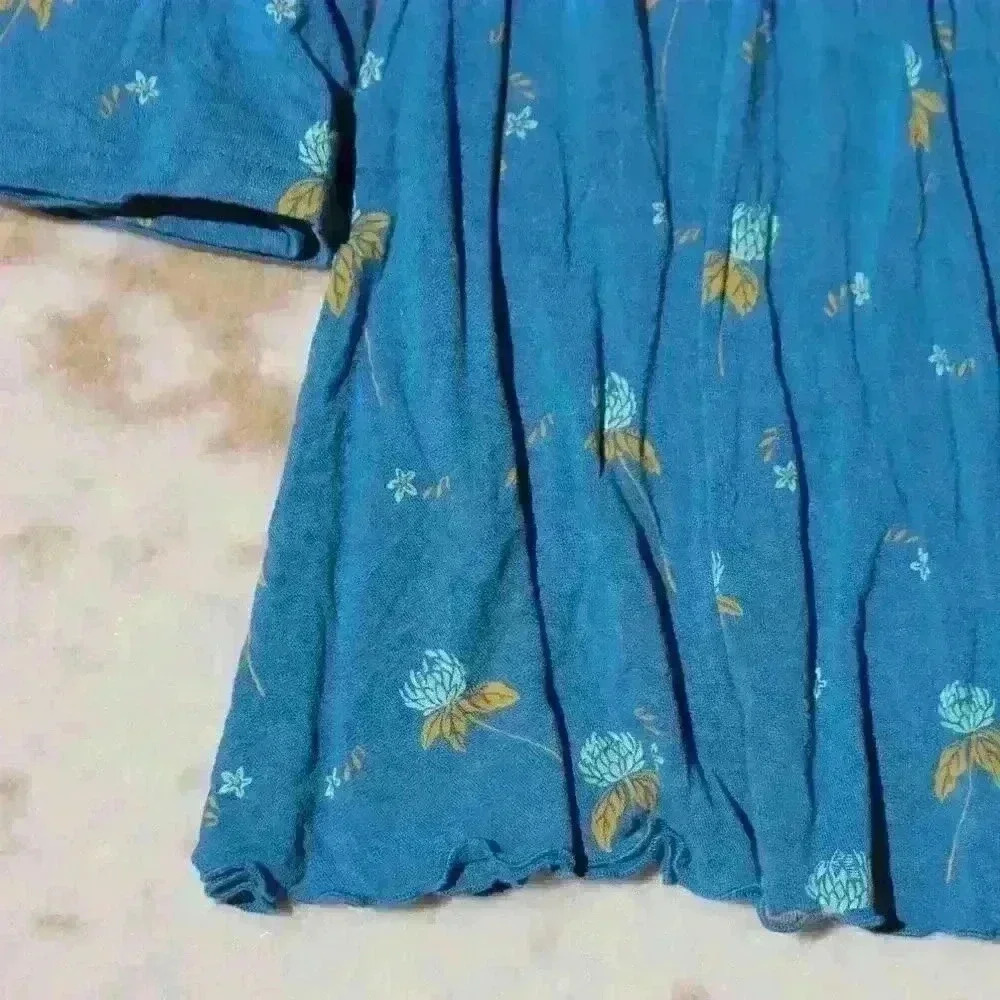 FREE PEOPLE Teal Floral Off The Shoulder Smock Wide Sleeve Shirt Top Women Small - Picture 5 of 10